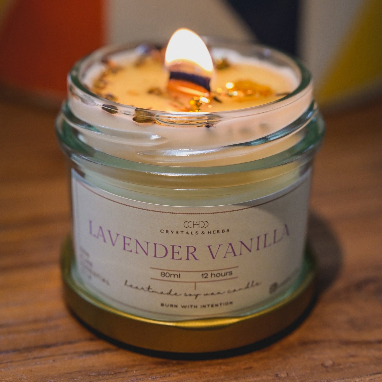 Lavender Vanilla candle in a glass jar 