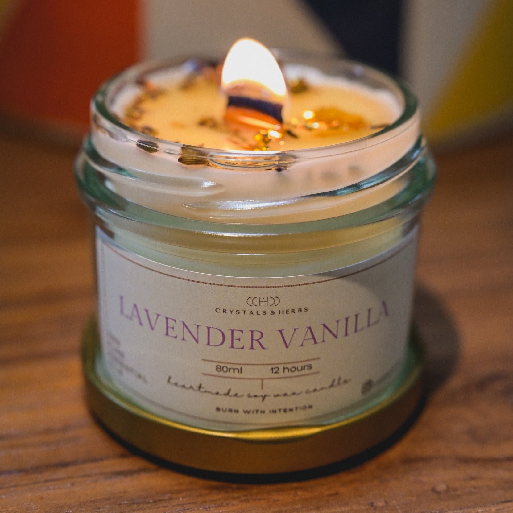 Lavender Vanilla candle in a glass jar 