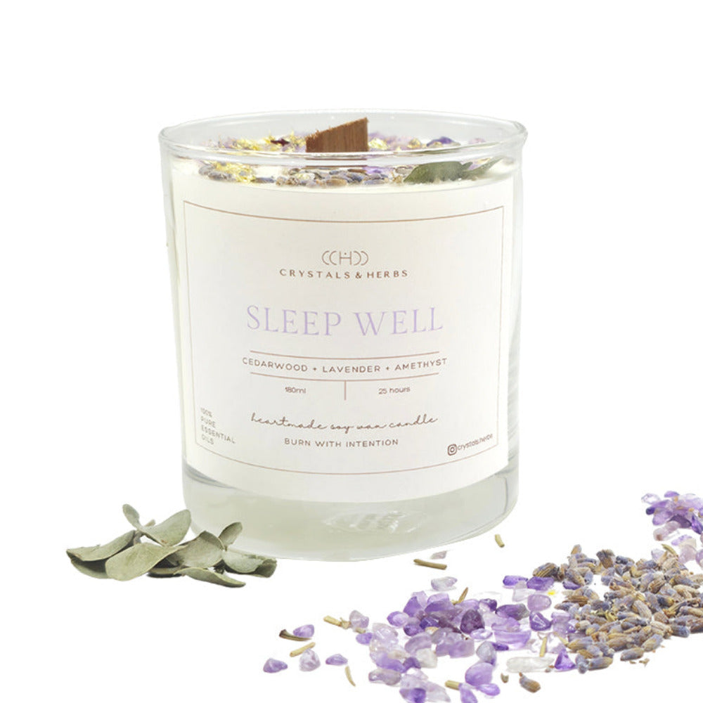 Candle labeled 'Sleep Well' with lavender and amethyst on a white background
