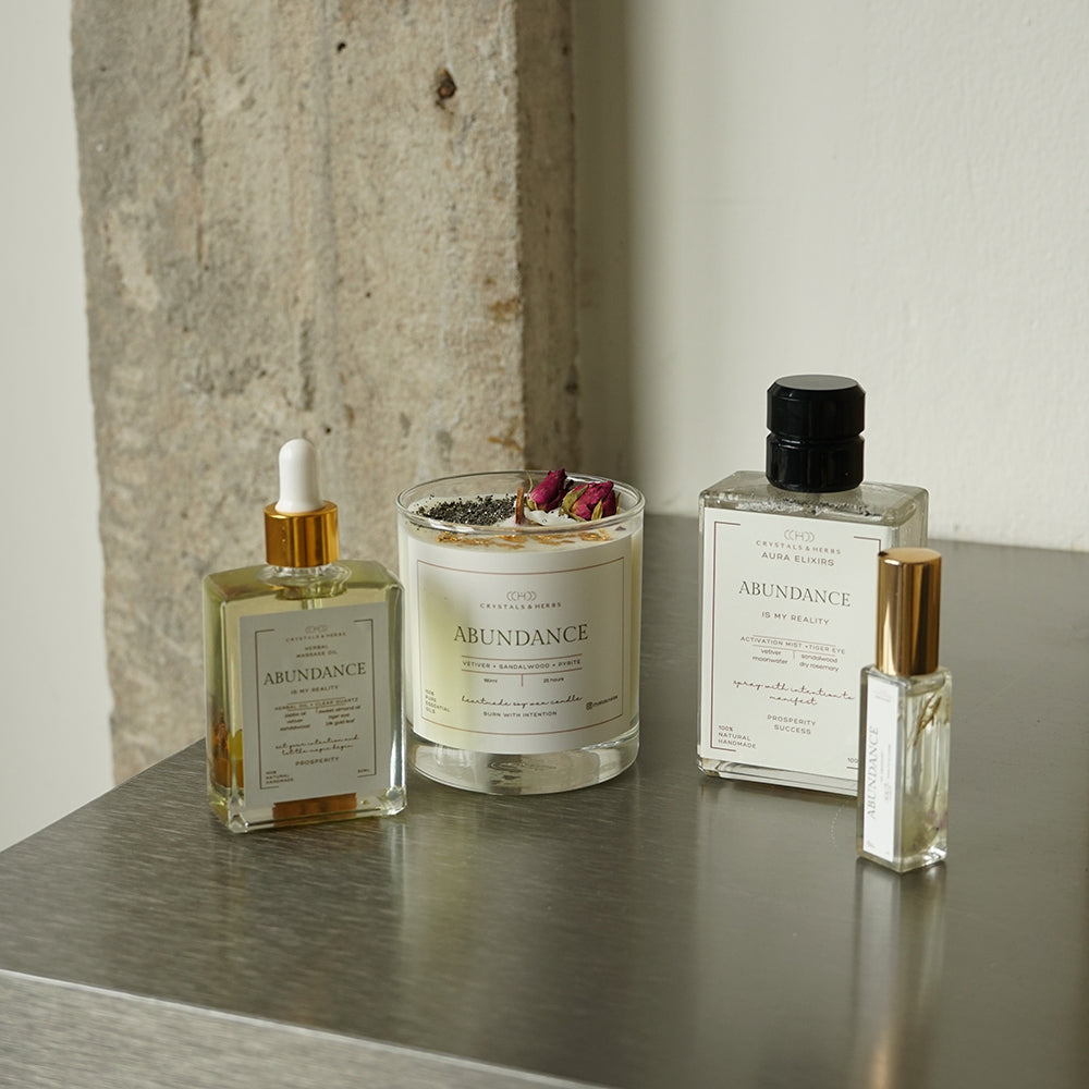 Abundance Collection Gift Set - Herbal Oil 50ml + Aura Elixir Spray 15ml + Candle 180ml + Aura Elixir Spray 100ml